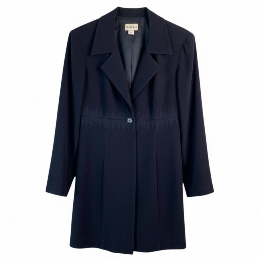 VINTAGE Y2K Fashion Bug Long Line Blazer Jacket Navy Blue Microfibre Size 12